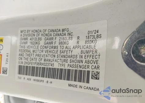 2024 Honda Civic Touring z USA, uszkodzony, nr VIN 2HGFE1F96RH323745